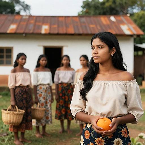 Women in Rural Setting Holding Orange