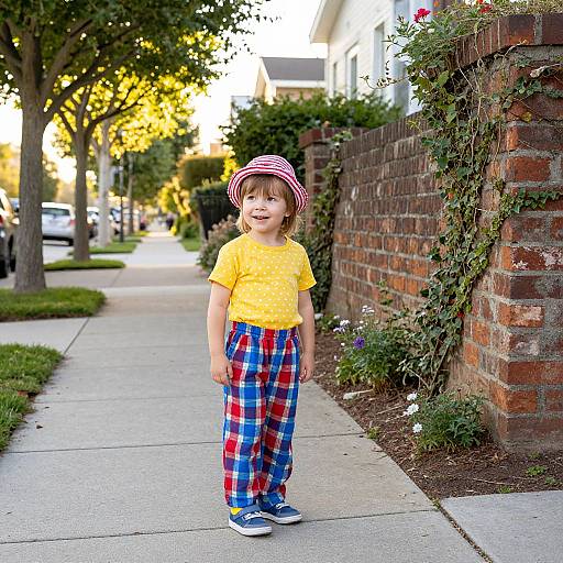 Photograph of a smiling young boy in a yellow shirt, red-and-blue plaid pants, blue shoes, and striped hat, standing on a suburban