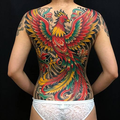 Photograph of a tattooed person's back, featuring a vibrant, detailed phoenix with colorful feathers, wearing white lace panties, against a black background.