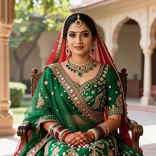 Photograph of an Indian bride in a green, gold-embellished saree with red veil, adorned with jewelry, sitting on a wooden chair
