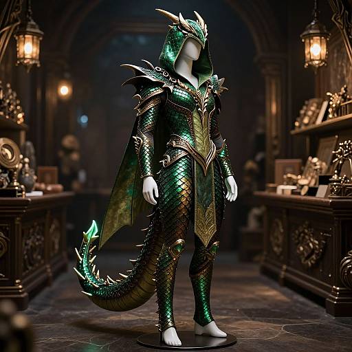 Photorealistic CGI of a white mannequin in detailed, green-scaled, dragon armor with horns and a spiked tail, standing in a dim