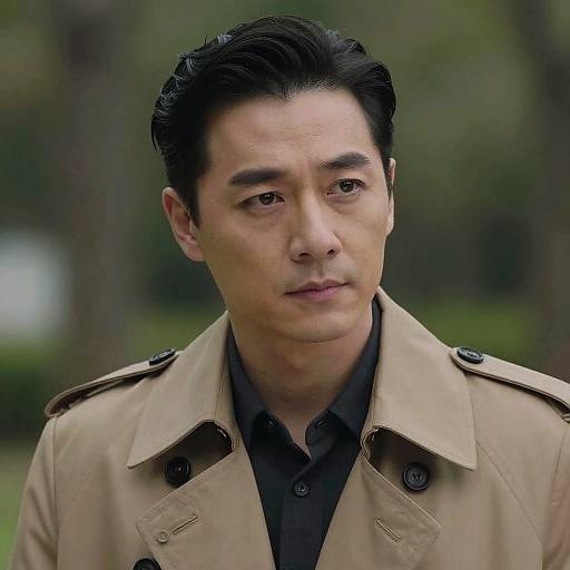 Photograph of an Asian man with black hair, medium build, wearing a beige military-style jacket over a black shirt, looking slightly to the right with