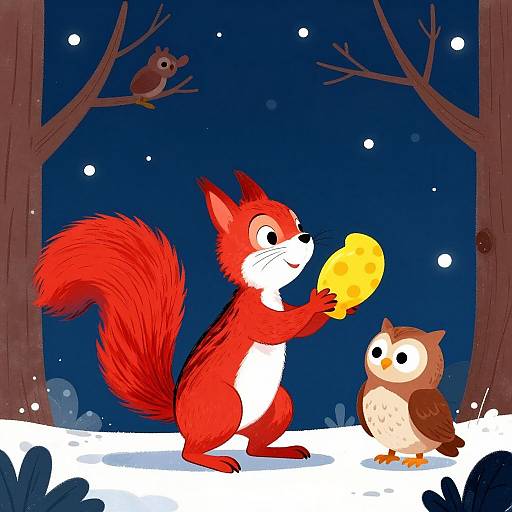 Cartoon-style drawing of a red squirrel offering a cheese slice to a brown owl in a snowy, nighttime forest.