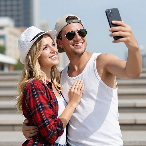 Photograph of smiling blonde woman in white hat and red plaid shirt, and bearded man in white tank top and cap, taking a selfie outdoors