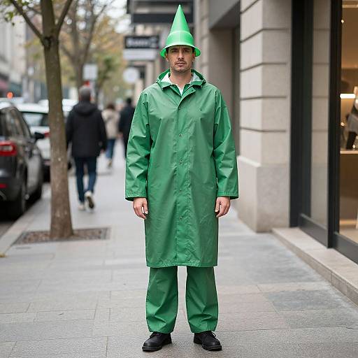 Photograph of a man in a green outfit with matching cone hat, standing on a city sidewalk, background includes parked cars and blurred pedestrians.