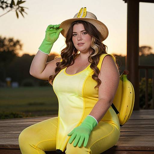Photograph of a curvy woman in a yellow banana costume with green gloves and hat, sitting outdoors at sunset, wearing a banana backpack.