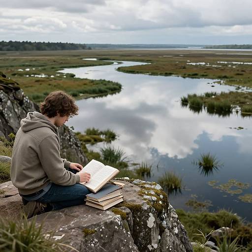 Photograph of a curly-haired person in a gray hoodie reading on a rocky ledge overlooking a reflective, cloudy river landscape.