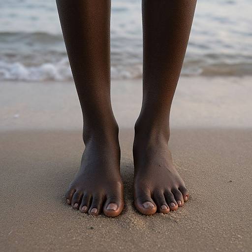 Photograph of dark-skinned feet standing on sandy beach with gentle ocean waves in background, toes slightly buried in sand.