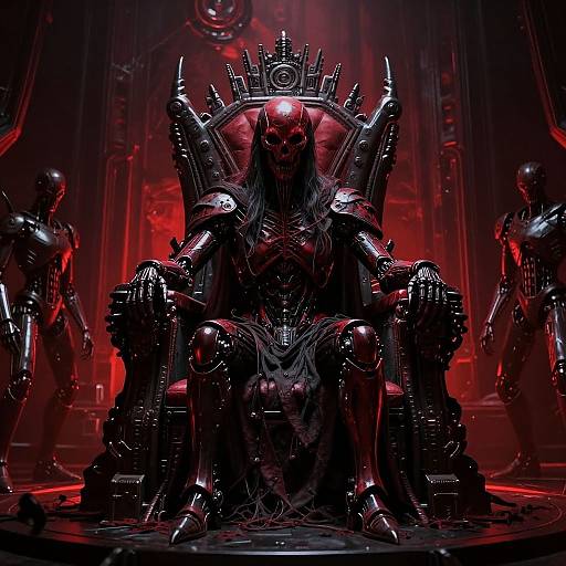 Dark, CGI image of a demonic, armored figure with a crown, seated on a spiked throne, surrounded by red-lit robotic guards.