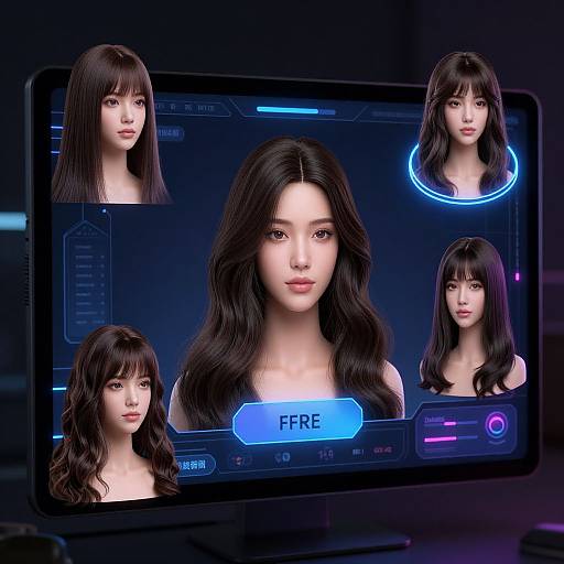 Digital CGI image showing a high-tech screen with five realistic Asian women with long black hair, displaying facial features, labeled 