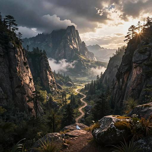 Photorealistic digital artwork of a dramatic mountain valley at sunrise, featuring a winding path, towering cliffs, mist, and sunlight breaking through clouds.