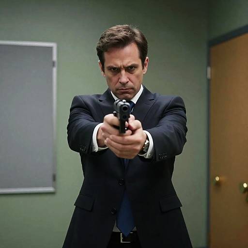 Intense Armed Man in a Green Room