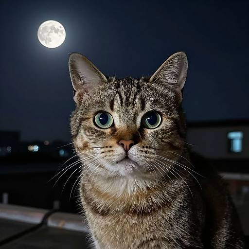 Photograph of a curious, wide-eyed, brown tabby cat with striking green eyes, under a bright full moon in a dark night sky.