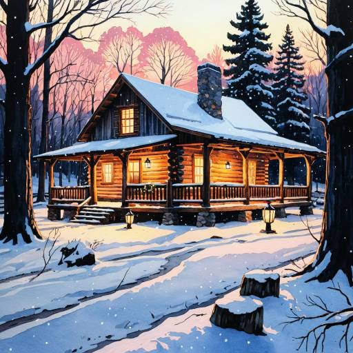 Cozy Snow-Covered Log Cabin with Warm Glow