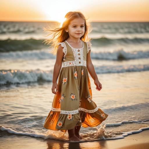 Toddler Girl in Floral Sundress at Sunset Beach