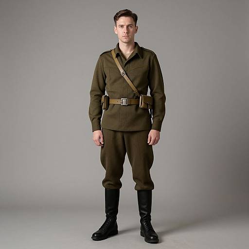 Photograph of a young white man in a WWII-era German military uniform, brown shirt and pants, leather belt, black boots, standing against a plain