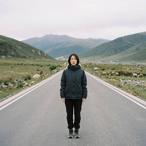 Photograph of an Asian woman with short black hair, wearing a black jacket and pants, standing on a deserted road in a mountainous, green landscape