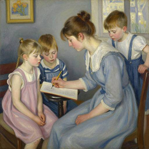 Oil painting of a woman in a blue dress teaching three children to write at a wooden table in a softly lit room.