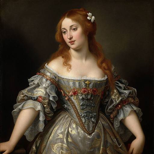 Baroque-style portrait of a fair-skinned woman with red hair, wearing an elaborate silver and gold gown with rose embellishments, set against a dark