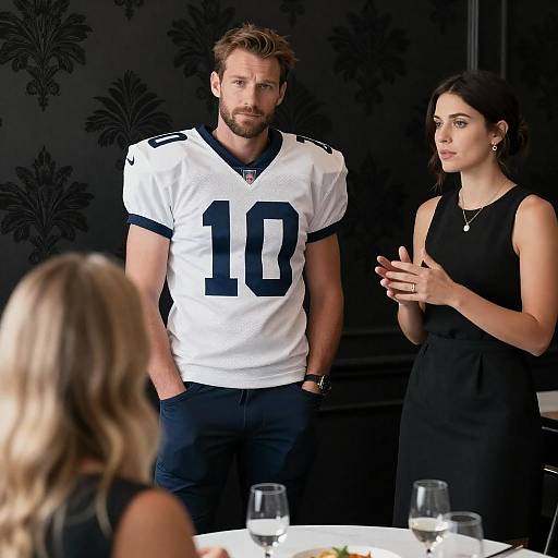 Man in Football Jersey and Woman in Black Dress Talking