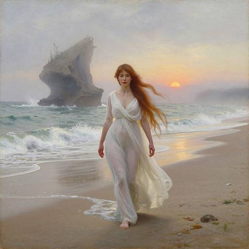 Photorealistic painting: Red-haired woman in flowing white dress walks on misty beach at sunrise, with waves and a rocky island in background.