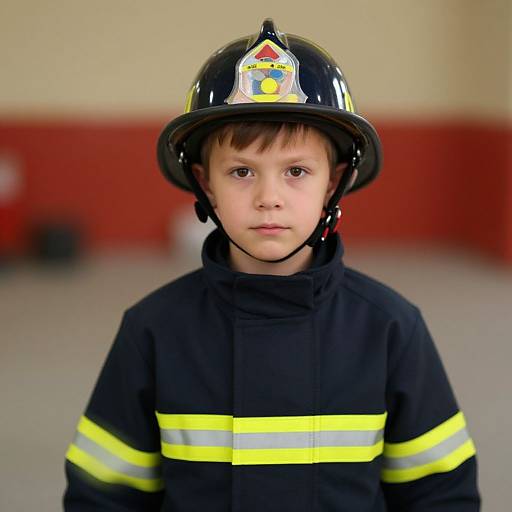 Photograph of a young boy with fair skin and brown hair, wearing a black firefighter helmet and uniform with yellow stripes, standing indoors against a blurred red