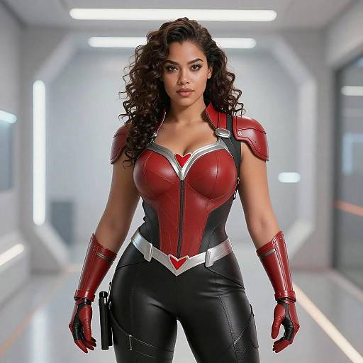 Confident Curvy Superheroine in Futuristic Corridor