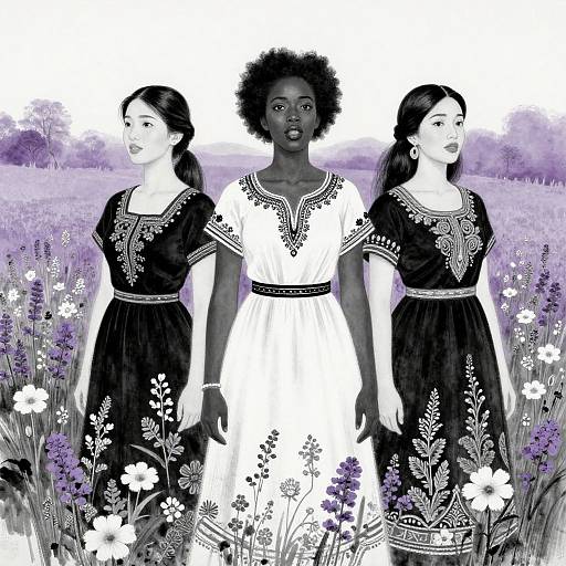 Digital illustration of three women standing in a field of flowers; central woman with dark skin and afro, flanked by two lighter-skinned women in