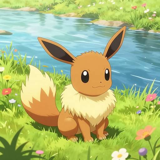 Digital illustration of a cute, fluffy Eevee with large ears and a bushy tail, sitting by a bright, sunny blue stream in a vibrant