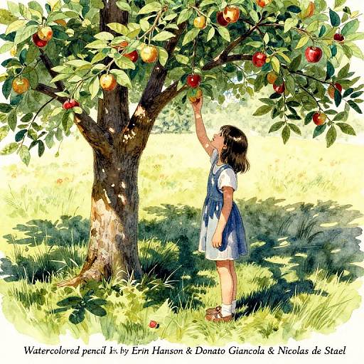 Illustration of a young girl in a blue dress, reaching for apples in a sunlit orchard tree, watercolor style.