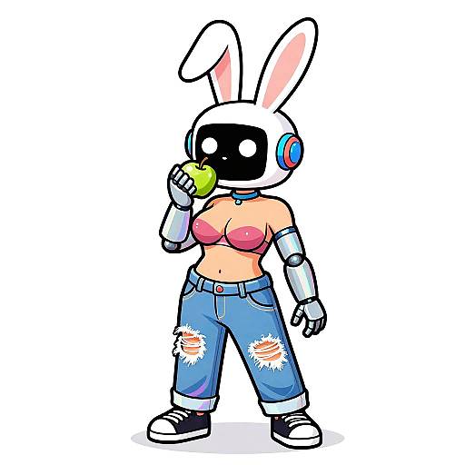 Funky Female Robot Rabbit Character Eating Apple