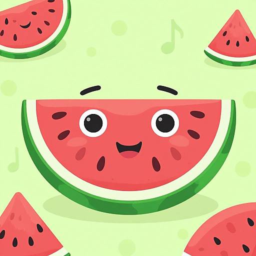 Digital illustration of a smiling watermelon slice with black eyes, small black mouth, and blush dots, surrounded by smaller watermelon pieces on a light green