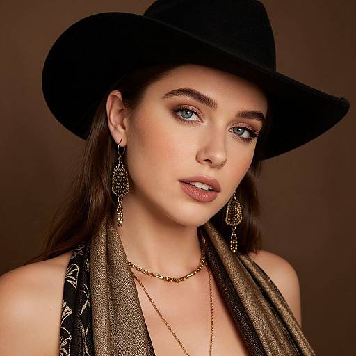 Photograph of a fair-skinned woman with blue eyes, wearing a black hat, dangling earrings, gold necklace, and a brown-patterned scarf.