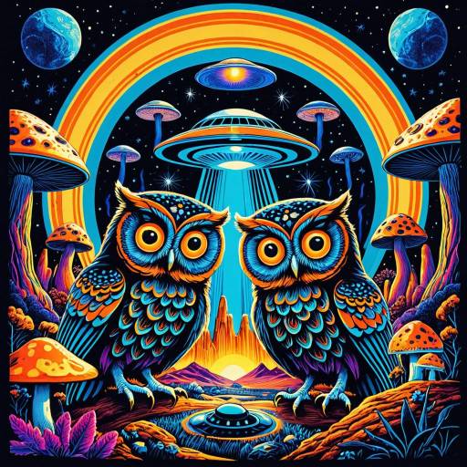 Psychedelic Owls and UFOs Retro Poster Psychedelic Owls and UFOs Retro Poster