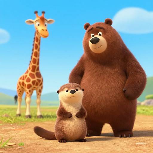 CGI image of a cute, small brown ferret standing between a large, smiling brown bear and a tall giraffe in a sunny, grassy