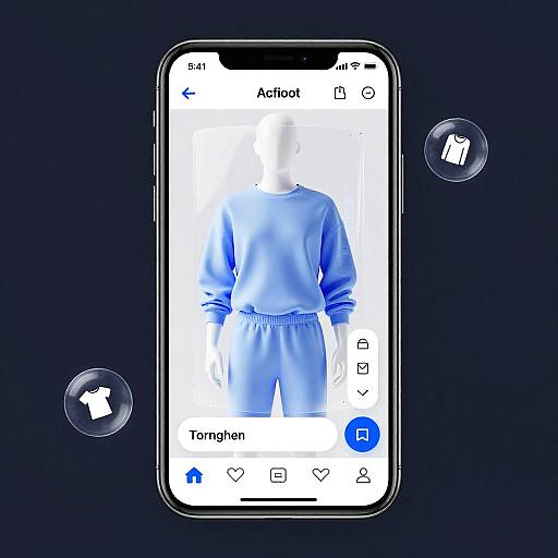 Photograph of a smartphone displaying a blue-toned mannequin in a sweatshirt and pants, with two circular app icons on a dark blue background