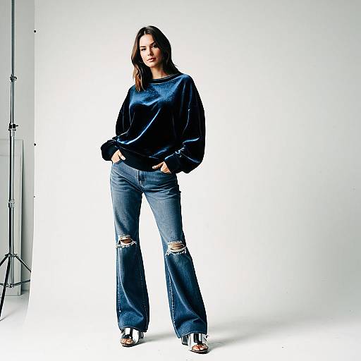 Stylish Woman in Velvet Sweatshirt and Flared Jeans