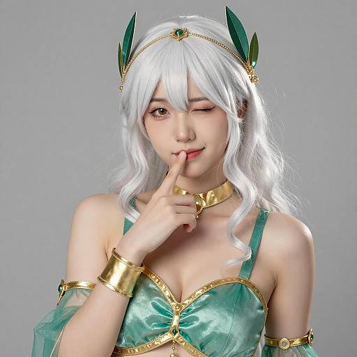 Playful Asian Woman in Gold and Green Costume