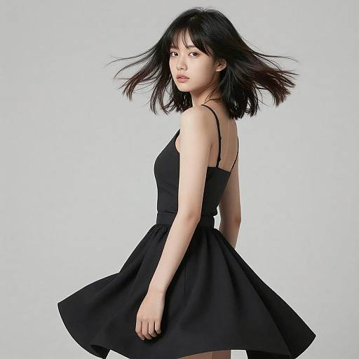 Photograph of an Asian woman with straight black hair, wearing a sleeveless black dress, standing against a light blue background. She looks over her shoulder