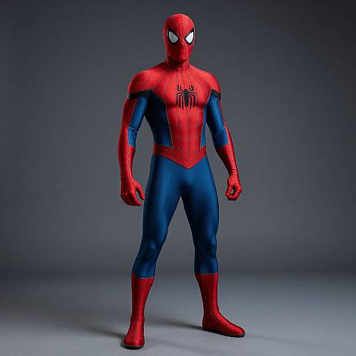 Photorealistic CGI of Spider-Man standing in a dark studio, wearing a red and blue superhero suit with a black spider emblem.