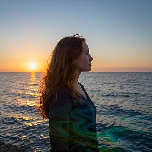 Photograph of a woman with long, wavy brown hair in profile, standing by the sea at sunset, wearing a dark top, with the sun