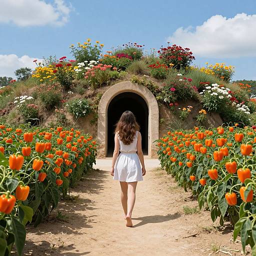 Photograph of a woman with long brown hair in a white dress walking towards a flower-covered stone archway in a vibrant orange poppy garden under a