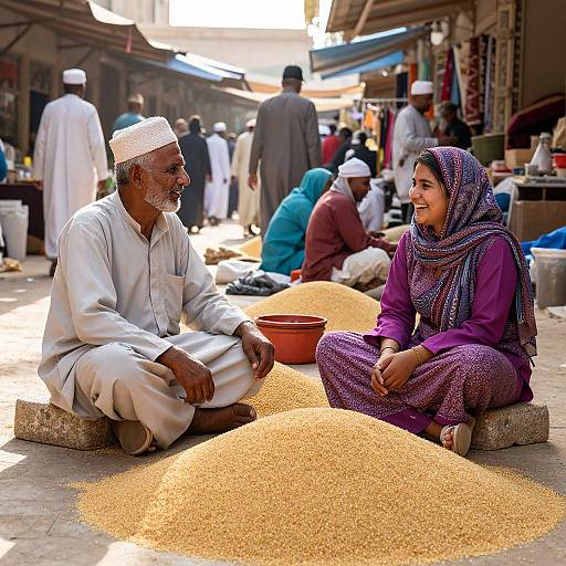 Photograph of an elderly Indian man in white kurta and cap, smiling at a young woman in purple salwar kameez, sitting on stone
