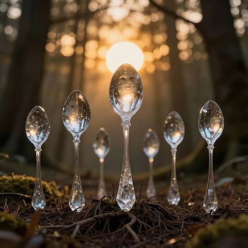 Photograph of six crystal goblets, standing tall in a forest, glowing with sunlight filtering through trees in the background.