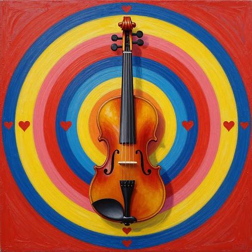 Vibrant painting of a wooden violin centered in colorful, concentric circles (red, yellow, blue) with small red hearts, creating a hypnot