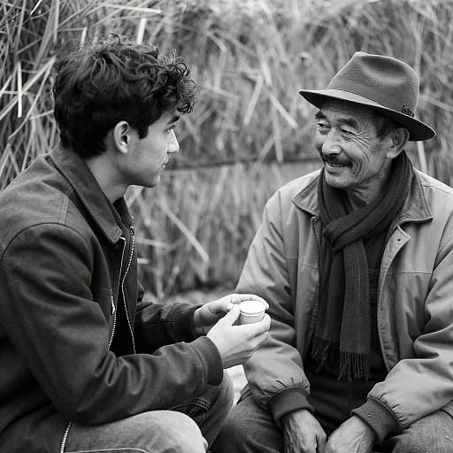 Candid Outdoor Moment: Two Men in Black and White