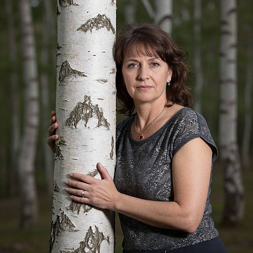 Photograph of middle-aged woman with shoulder-length brown hair, wearing a patterned gray top, hugging a white birch tree in a forest.