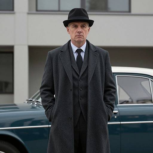 Photograph of a serious middle-aged white man in a black overcoat, suit, tie, and hat, standing in front of a black vintage car