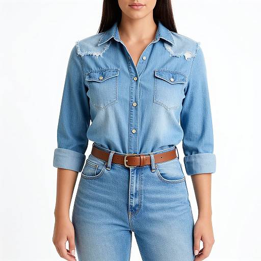 Photograph of a woman with long dark hair, wearing a blue denim shirt with frayed shoulders, buttoned up, and high-waisted blue
