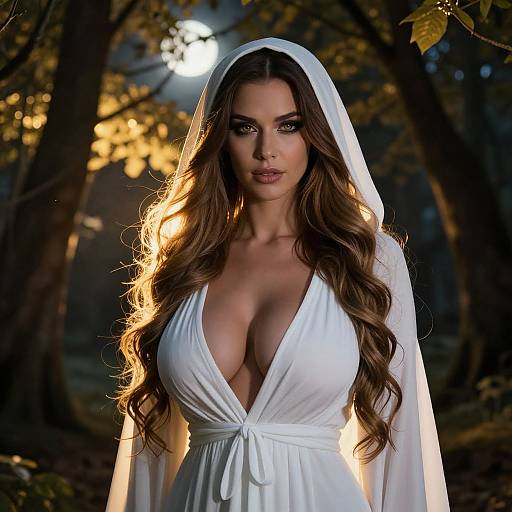 Photograph of a woman with long, wavy brown hair, large breasts, and fair skin, wearing a deep V-neck white dress and hooded